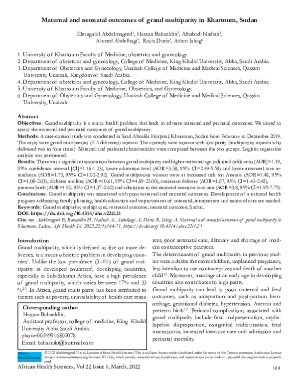 (PDF) Maternal and neonatal outcomes of grand multiparity in Khartoum ...