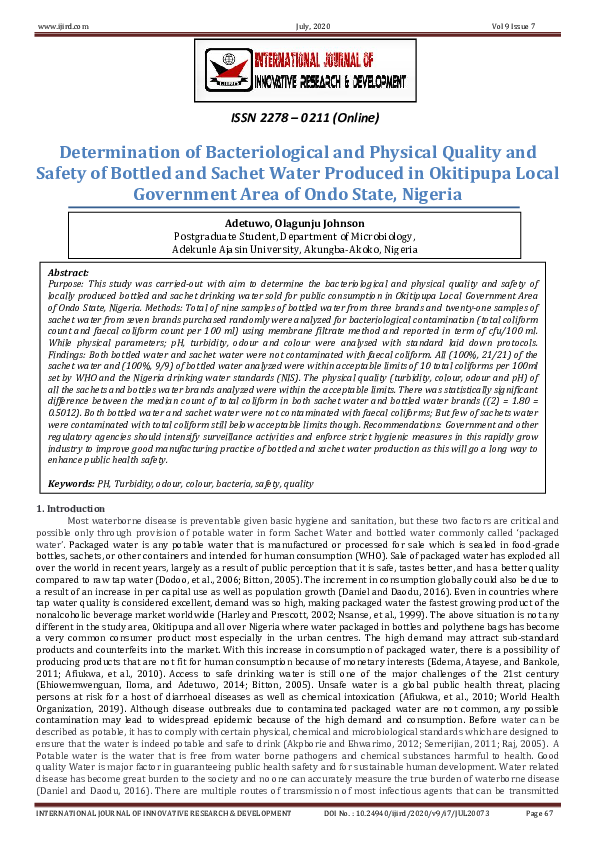 (PDF) Determination of Bacteriological and Physical Quality and Safety