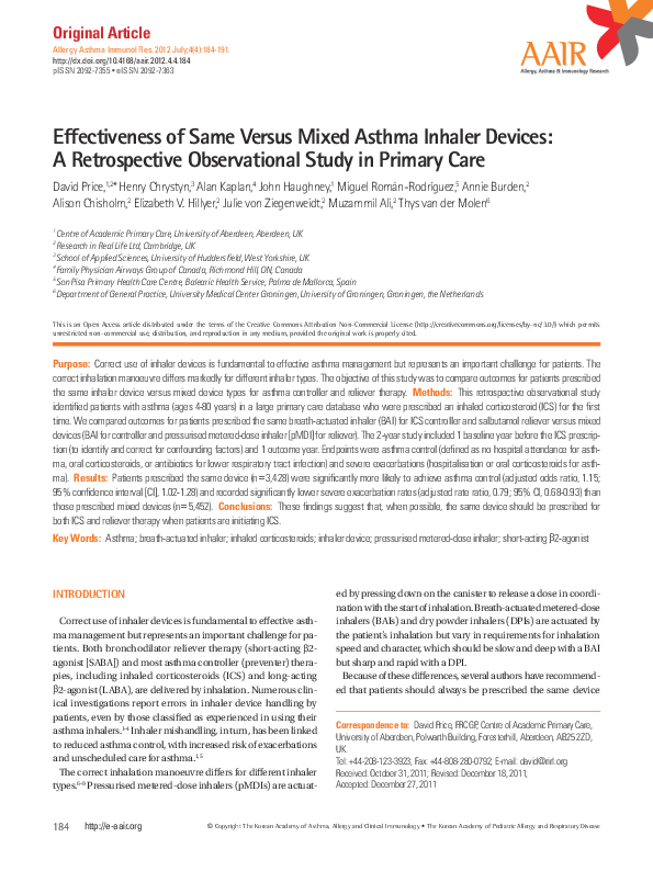 (PDF) Effectiveness of same versus mixed asthma inhaler devices: a ...