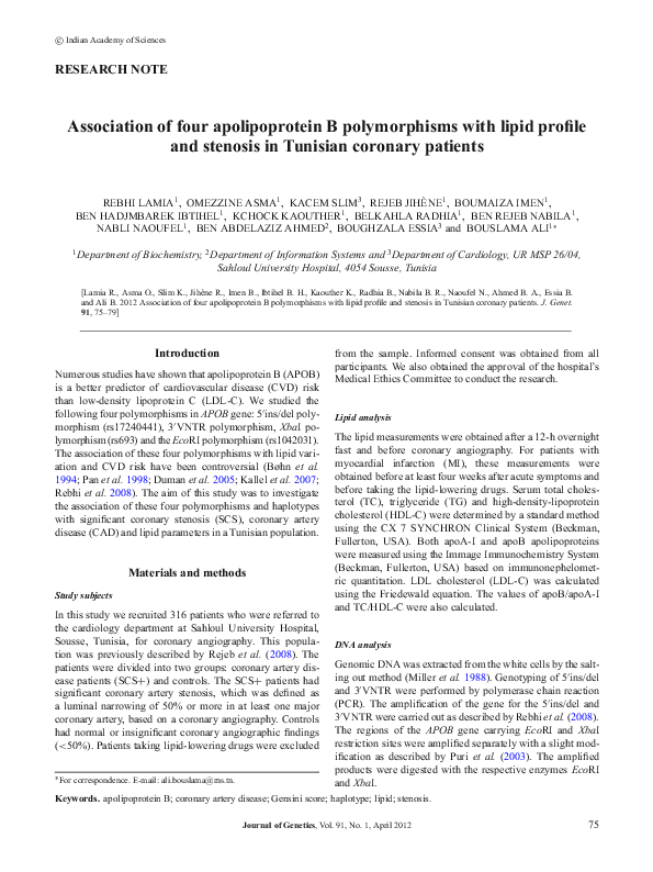 (PDF) Association of four apolipoprotein B polymorphisms with lipid ...