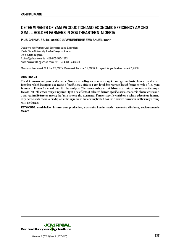 (PDF) Determinants of Yam Production and Economic Efficiency Among ...