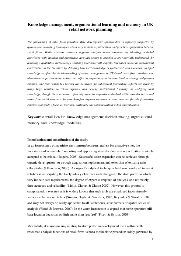 (PDF) Knowledge management, organisational learning and memory in UK ...