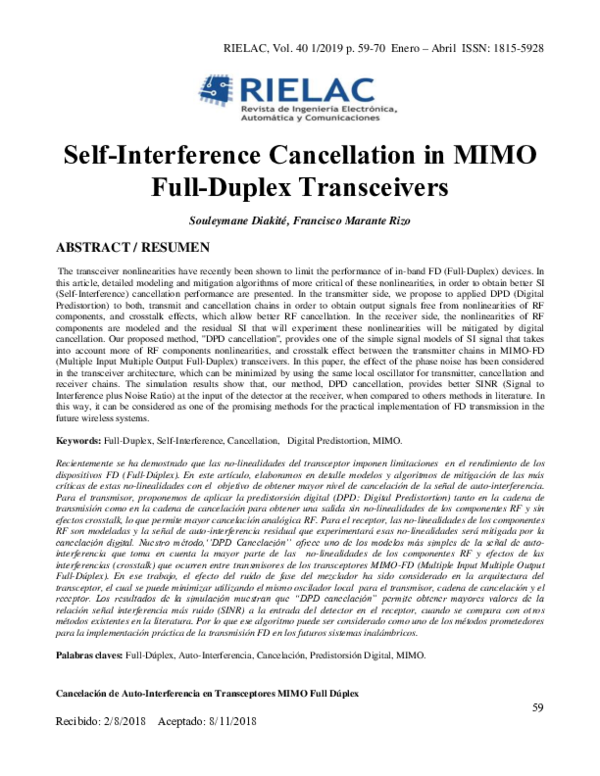 Pdf Self Interference Cancellation In Mimo Full Duplex Transceivers