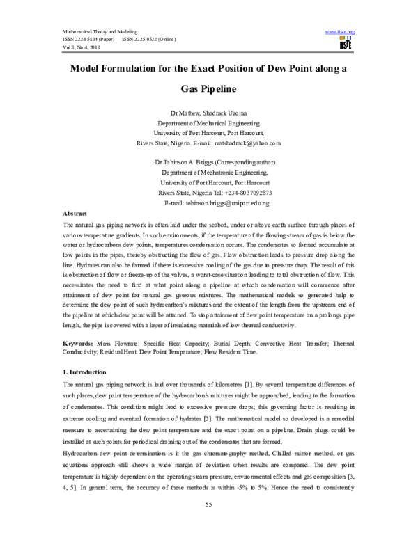 (PDF) Model Formulation for the Exact Position of Dew Point along a Gas ...