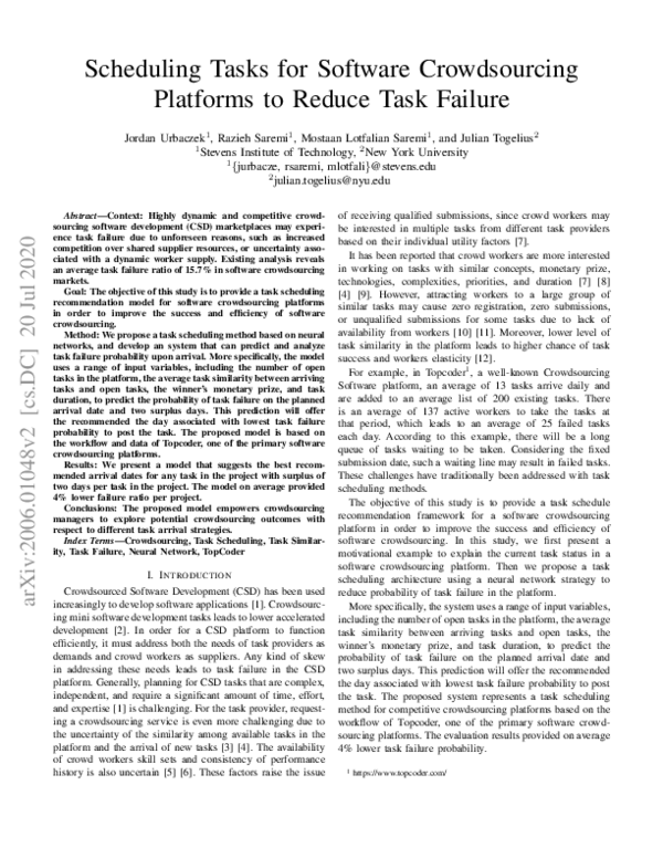 (PDF) Scheduling Tasks for Software Crowdsourcing Platforms to Reduce ...