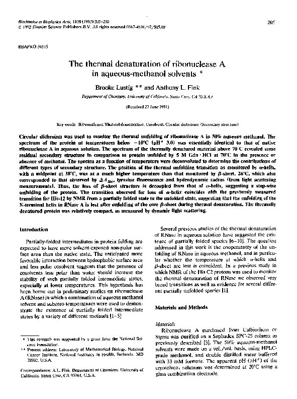 (PDF) The thermal denaturation of ribonuclease A in aqueous-methanol ...