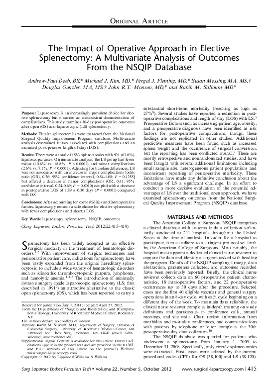 (PDF) The Impact of Operative Approach in Elective Splenectomy