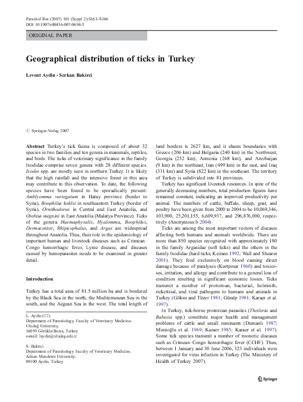 (PDF) Geographical distribution of ticks in Turkey L. Aydin
