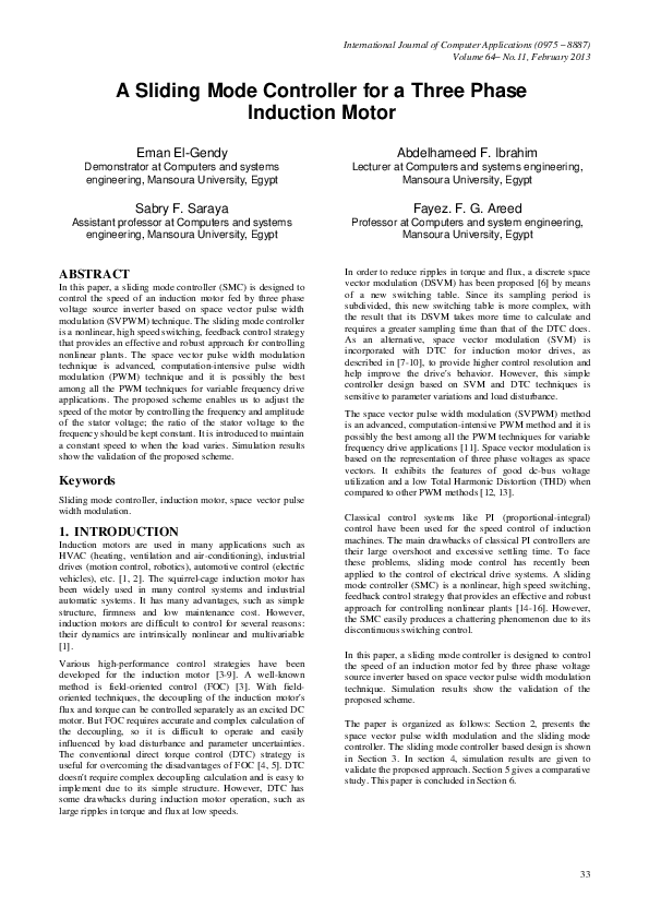 (PDF) A Sliding Mode Controller for a Three Phase Induction Motor