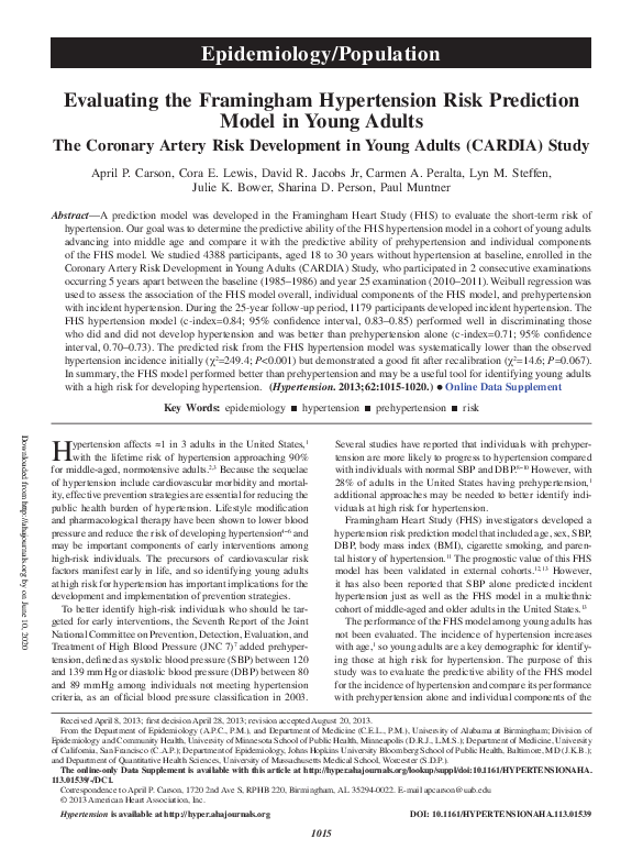 (PDF) Evaluating the Framingham Hypertension Risk Prediction Model in ...