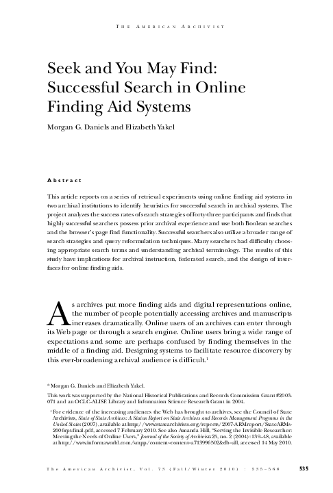 (PDF) Seek and You May Find: Successful Search in Online Finding Aid ...