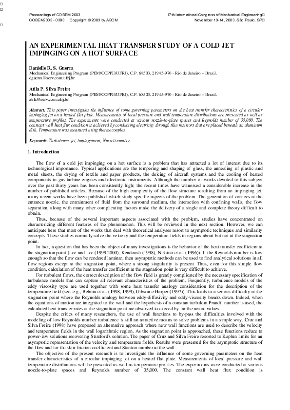 (PDF) An Experimental Heat Transfer Study of a Cold Jet Impinging on a ...
