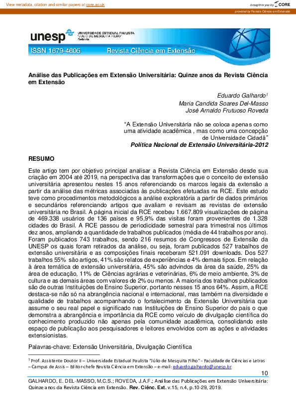 Análise das Publicações em Extensão Universitária: Quinze anos da Revista Ciência em Extensão