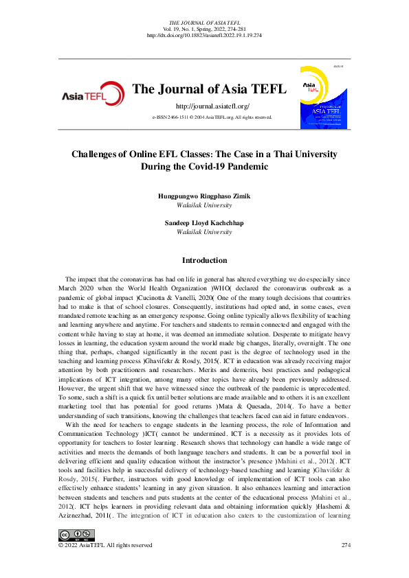 (PDF) Challenges of Online EFL Classes : The Case in a Thai University ...