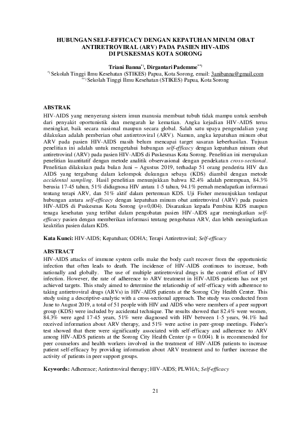 (PDF) Hubungan Self-Efficacy Dengan Kepatuhan Minum Obat Antiretroviral ...