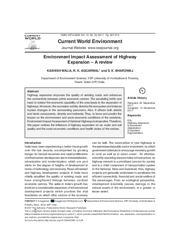 (PDF) Environment Impact Assessment of Highway Expansion – A Review