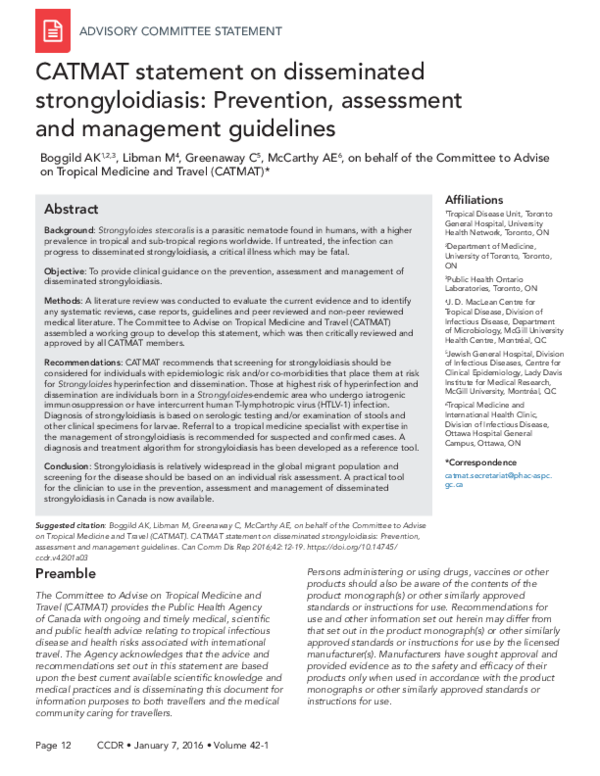 (PDF) CATMAT statement on disseminated strongyloidiasis: Prevention ...