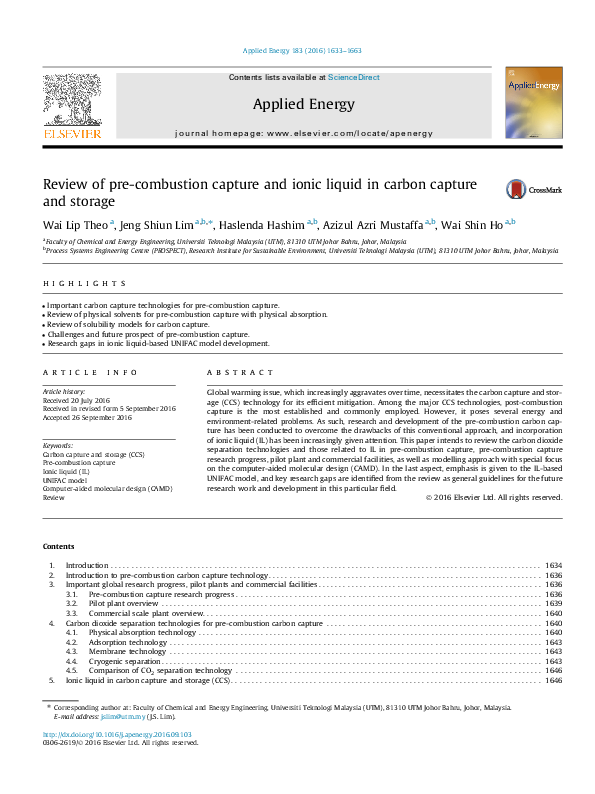 (PDF) Review of pre-combustion capture and ionic liquid in carbon ...