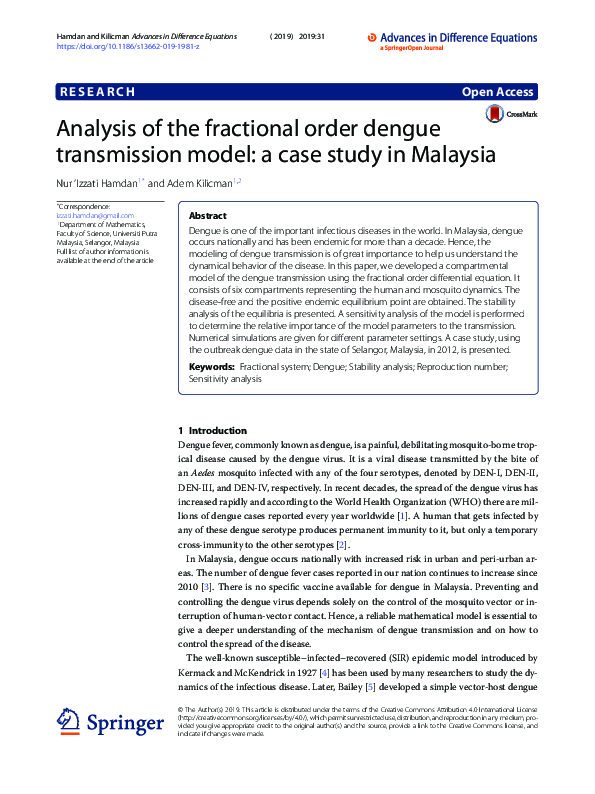 (PDF) Analysis of the fractional order dengue transmission model: a ...