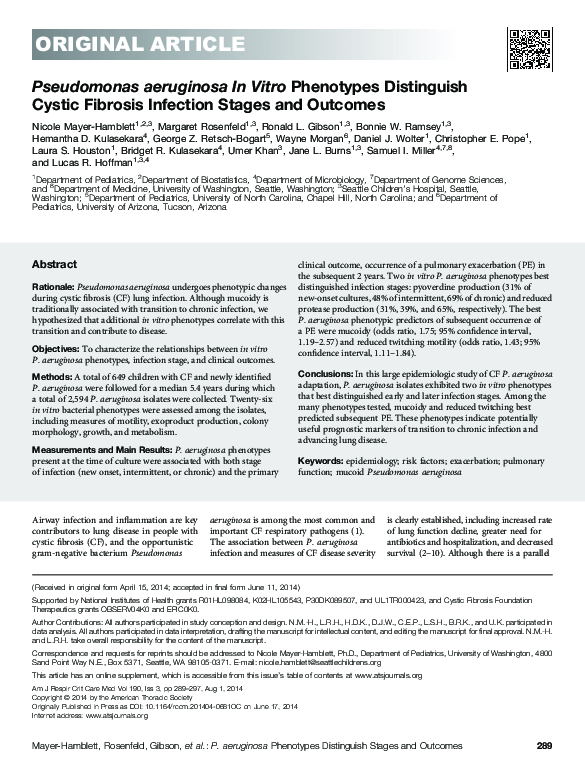 (PDF) Pseudomonas aeruginosa in vitro phenotypes distinguish cystic ...