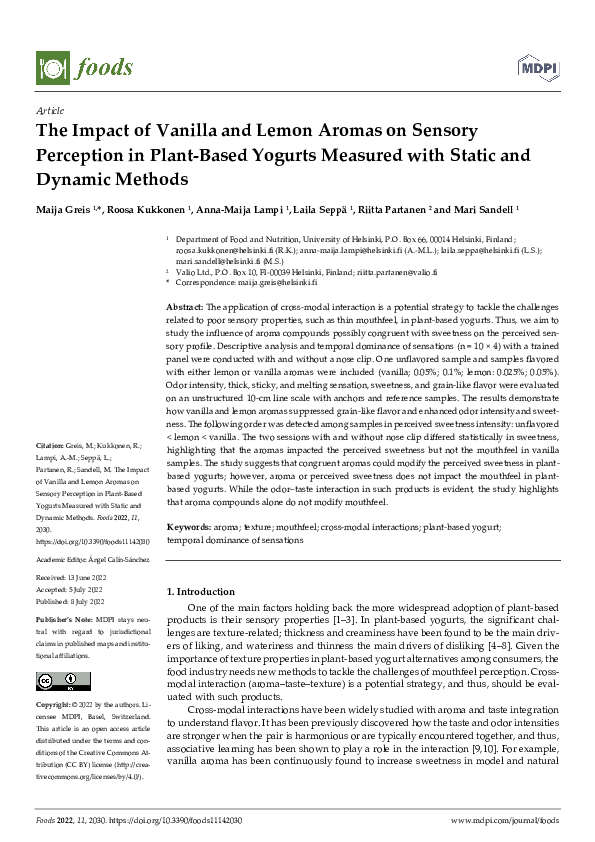 (PDF) The Impact of Vanilla and Lemon Aromas on Sensory Perception in ...