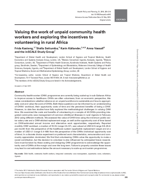 (PDF) Valuing the work of unpaid community health workers and exploring ...