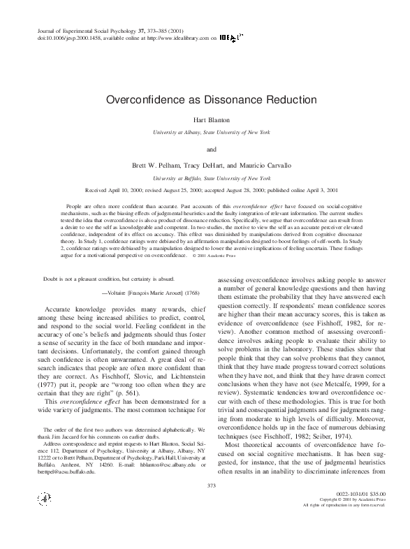 (PDF) Overconfidence as Dissonance Reduction