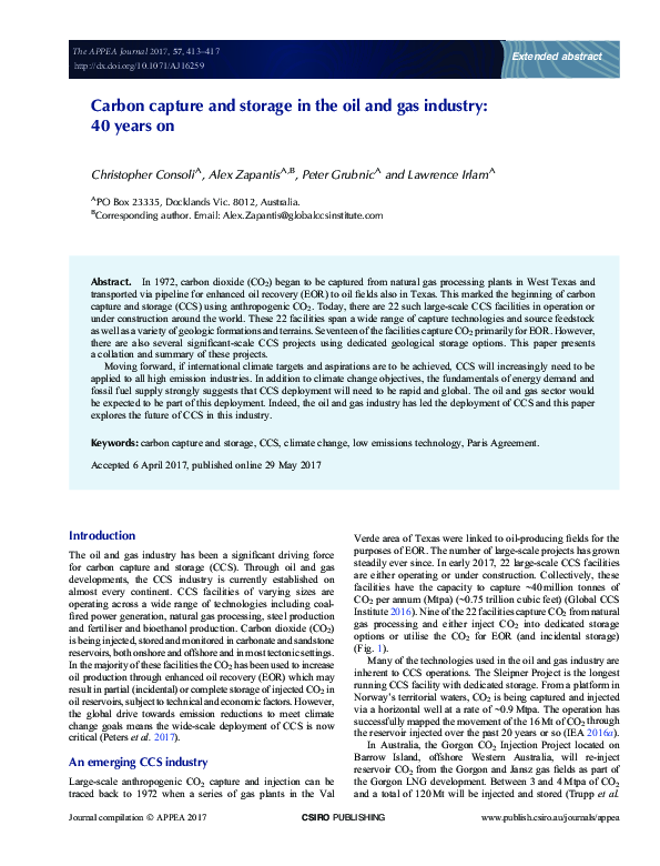 (PDF) Carbon capture and storage in the oil and gas industry: 40 years on