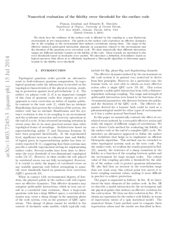 (PDF) Numerical evaluation of the fidelity error threshold for the ...