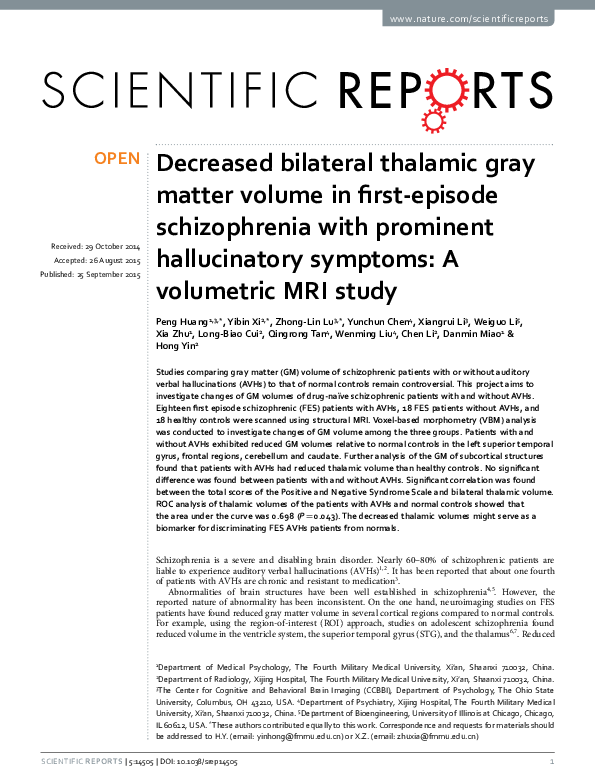 (PDF) Decreased bilateral thalamic gray matter volume in first-episode ...