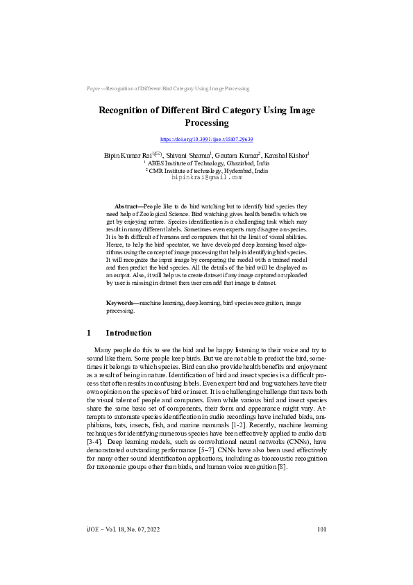 (PDF) Recognition of Different Bird Category Using Image Processing