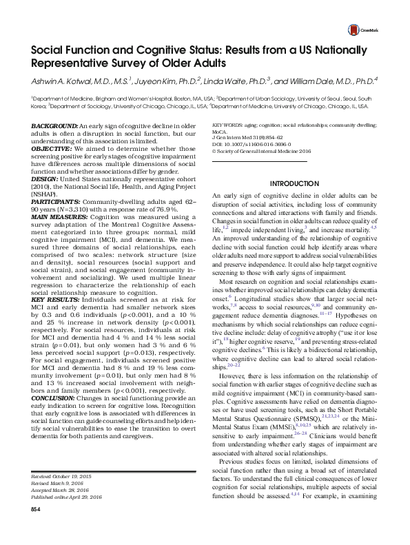 (PDF) Social Function and Cognitive Status: Results from a US ...