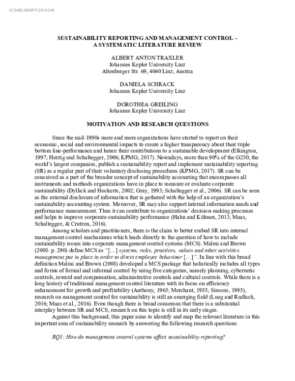 (PDF) Sustainability Reporting and Management Control - A Systematic ...
