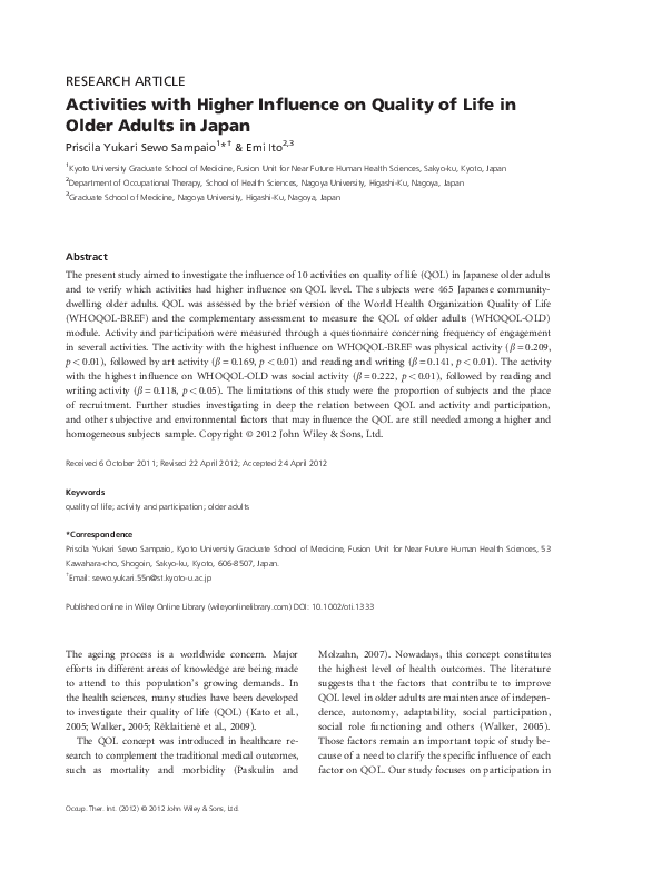 (PDF) Activities with Higher Influence on Quality of Life in Older ...