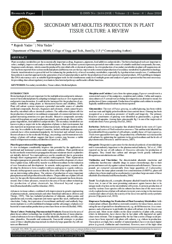 (PDF) Secondary Metabolites Production in Plant Tissue Culture: A Review