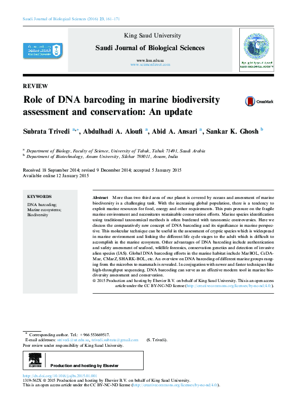 (PDF) Role of DNA barcoding in marine biodiversity assessment and ...