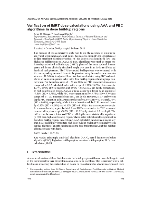 (PDF) Verification of IMRT dose calculations using AAA and PBC ...