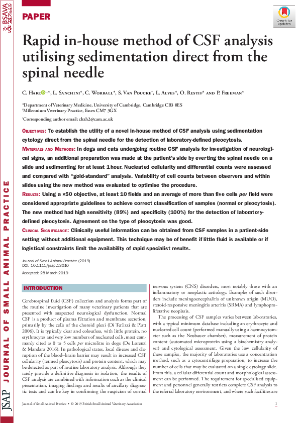 (PDF) Rapid in‐house method of CSF analysis utilising sedimentation ...