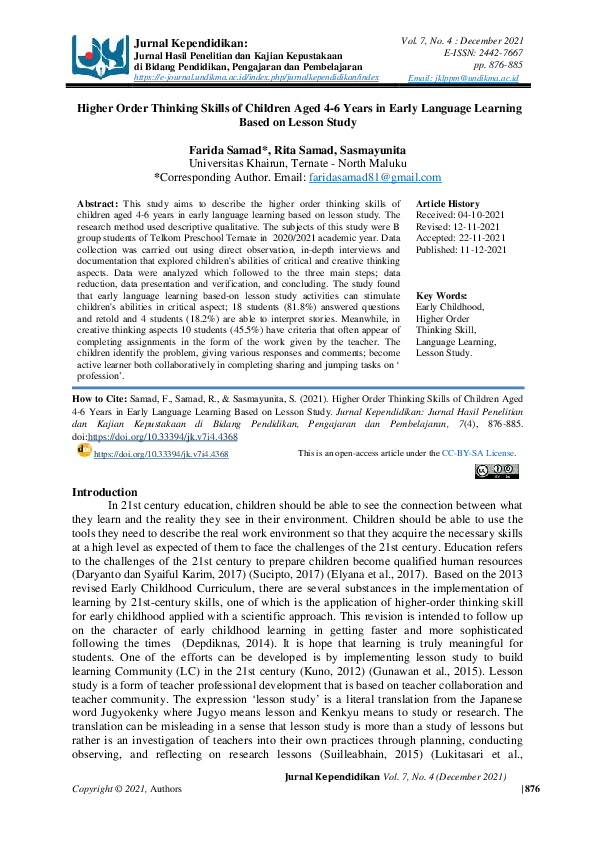 (PDF) Higher Order Thinking Skills of Children Aged 4-6 Years in Early ...