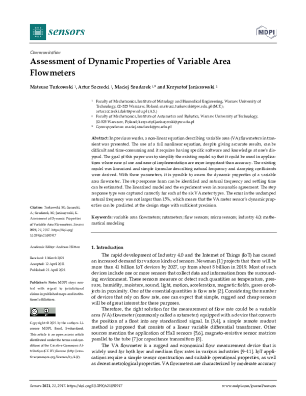 (PDF) Assessment of Dynamic Properties of Variable Area Flowmeters
