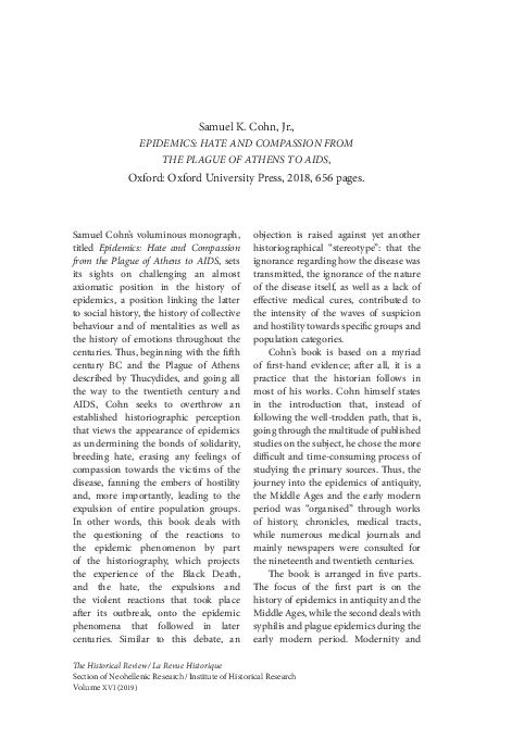 (PDF) Review of: Samuel K. Cohn, Jr., EPIDEMICS: HATE AND COMPASSION ...