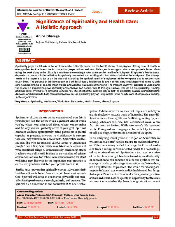 (PDF) Significance of Spirituality and Health Care: A Holistic Approach