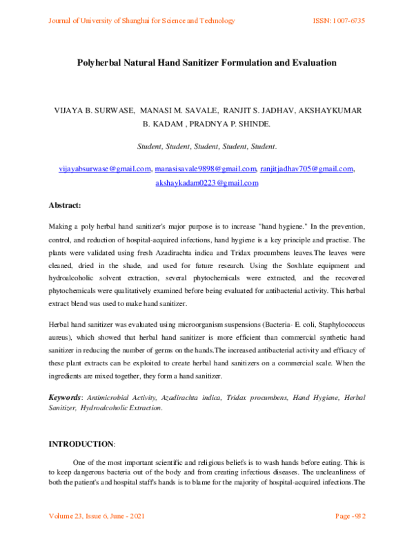 (PDF) Polyherbal Natural Hand Sanitizer Formulation and Evaluation