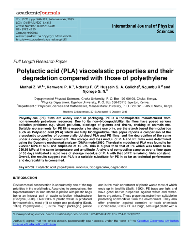 (PDF) Polylactic acid (PLA) viscoelastic properties and their ...