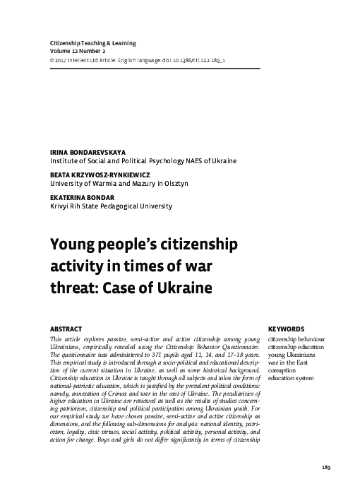 (PDF) Young people’s citizenship activity in times of change: Case of ...