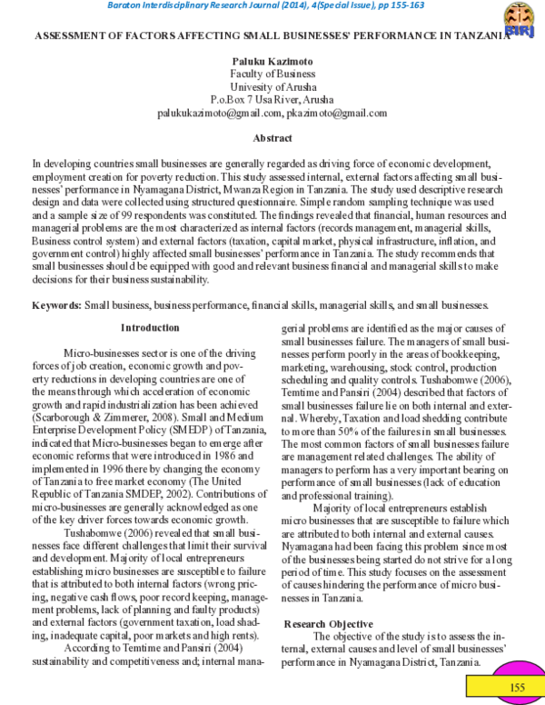 (PDF) Assessment of Factors Affecting Small Businesses ’ Performance