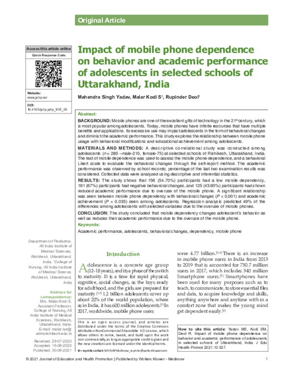 (PDF) Impact of mobile phone dependence on behavior and academic ...