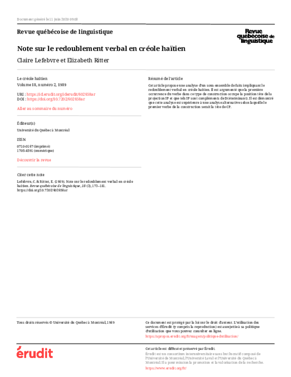 (PDF) Note sur le redoublement verbal en créole haïtien