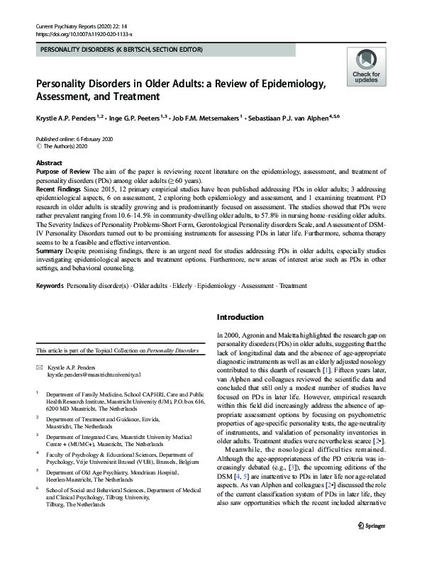(PDF) Personality Disorders in Older Adults: a Review of Epidemiology ...