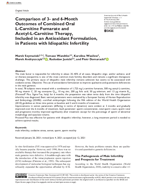 l carnitine 10000mg PDF) Comparison of 3- and 6-Month Outcomes of Combined Oral L-Carnitine  Fumarate and Acetyl-L-Carnitine Therapy, Included in an Antioxidant  Formulation, in Patients with Idiopathic Infertility